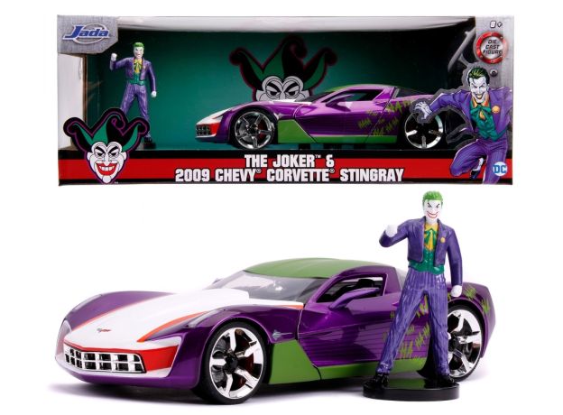 ماشین فلزی 2009 Chevy Corvette Stingray و فیگور فلزی جوکر با مقیاس 1:24, image