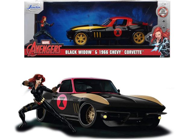ماشین فلزی شورلت مدل Corvette به همراه فیگور بیوه سیاه با مقیاس 1:24, image